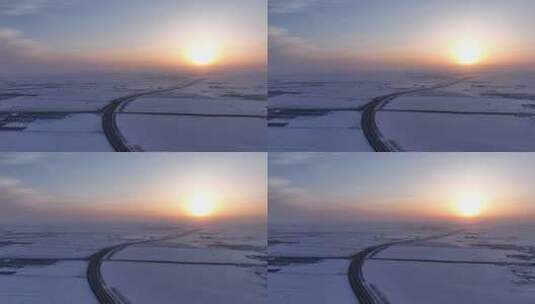航拍4K雪域草原公路日出高清在线视频素材下载