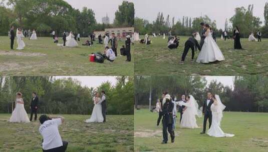 草坪上拍摄婚纱照的新婚情侣们20230509-3高清在线视频素材下载