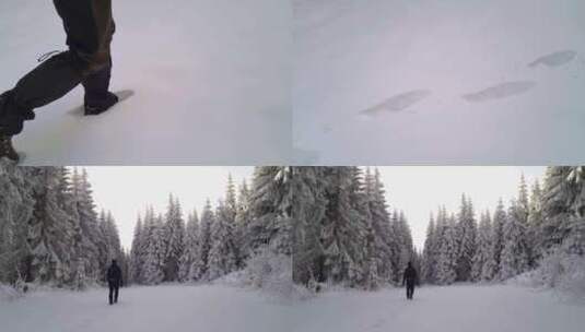 雪地脚印一个男人行走在森林雪地中脚步坚韧高清在线视频素材下载