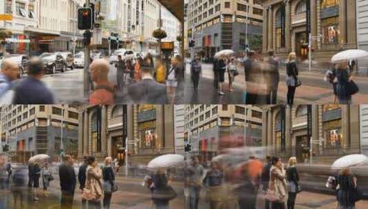 欧美城市美女行人雨天红绿灯汽车交通空镜高清在线视频素材下载