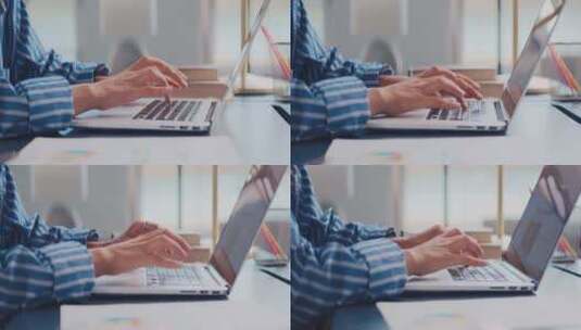 女性手在现代笔记本电脑键盘上打字的特写高清在线视频素材下载