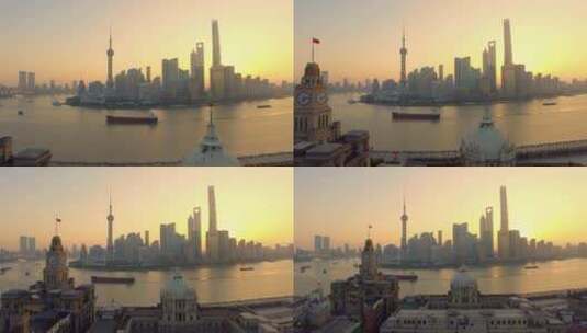 上海外滩东方明珠日出航拍高清在线视频素材下载