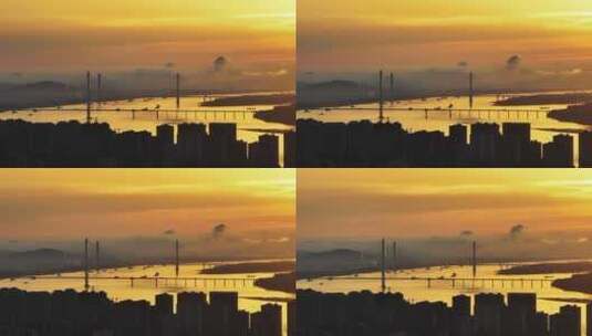 九江二桥与鳊鱼洲大桥在黄昏天空下的航拍高清在线视频素材下载