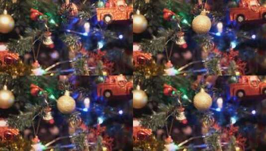 女人在圣诞树上挂上金色装饰球高清在线视频素材下载