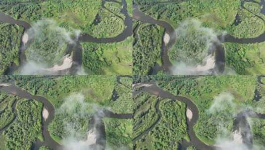 航拍湿地河湾晨雾高清在线视频素材下载