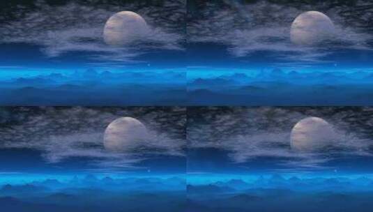 唯美大海上升月亮白月光蓝色夜空圆月花瓣高清在线视频素材下载