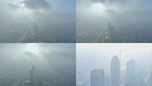 航拍枣庄严重雾霾的新城天气高清在线视频素材下载