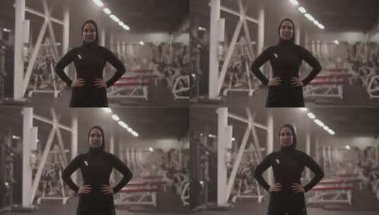 健身房里骄傲的穆斯林女运动员高清在线视频素材下载