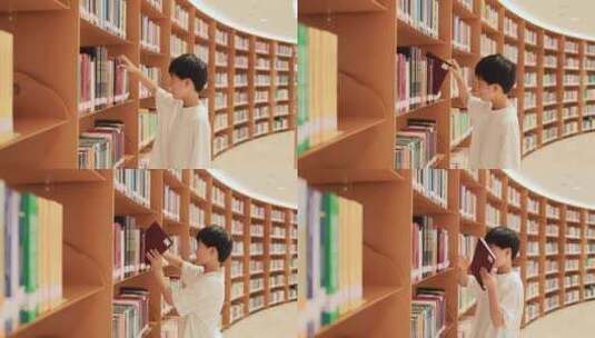 中国小男孩在图书馆看书阅读高清在线视频素材下载