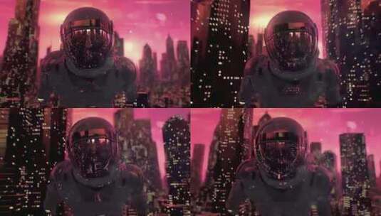宇航员在高楼大厦之间飞行具有强烈科技色彩高清在线视频素材下载
