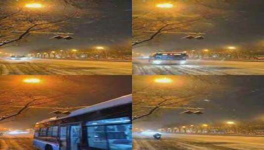 冬季下雪天夜晚路灯下的公路车流高清在线视频素材下载
