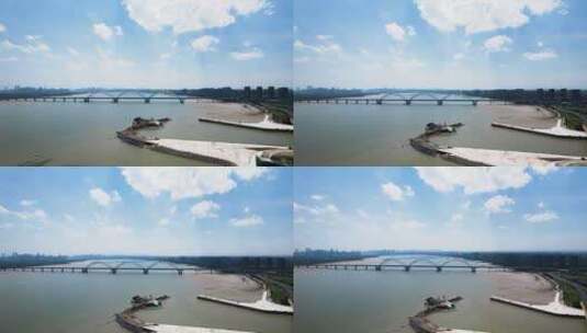杭州钱塘江九堡大桥蓝天白云风景航拍高清在线视频素材下载