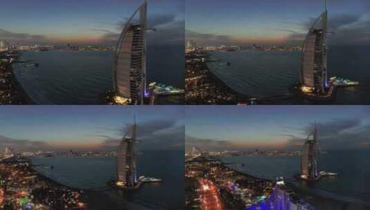 迪拜夜晚帆船酒店航拍_4k高清在线视频素材下载