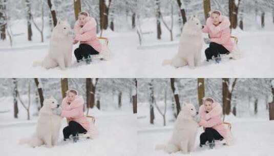 冬天带狗的女孩高清在线视频素材下载