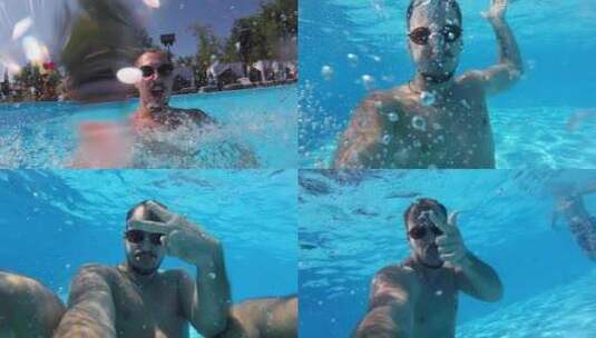 生活方式博主男子用动作相机自拍视频在水下高清在线视频素材下载