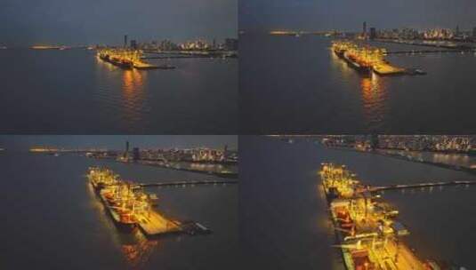夜晚货运码头货船灯光航拍上海宝山宝钢高清在线视频素材下载