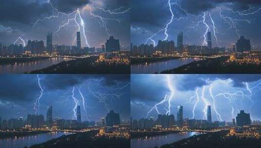 城市上空的闪电电光火石电闪雷鸣雷电暴雨高清在线视频素材下载