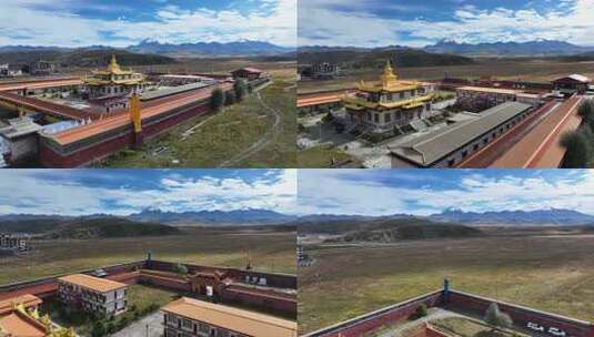 晴天中国四川甘孜木雅大寺和雅拉雪山风景高清在线视频素材下载