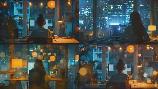 深夜加班的女性 办公室的打工人 996高清在线视频素材下载