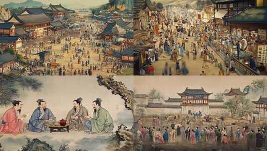 古代集市 古代人生活 品茶 古代车水马龙高清在线视频素材下载