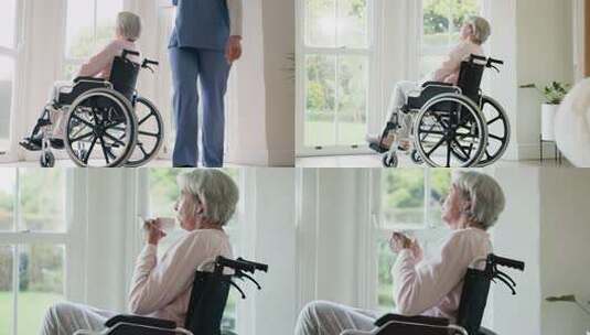 坐轮椅老人窗边静望高清在线视频素材下载