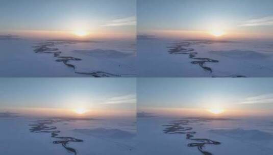 航拍银色草原蜿蜒冰封河流暮雪高清在线视频素材下载