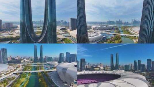 杭州奥体中心杭州之门高楼大厦摩天大楼航拍高清在线视频素材下载