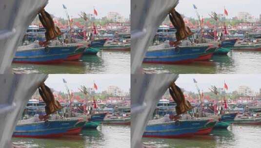 停靠在海南琼海潭门中心渔港的渔船高清在线视频素材下载