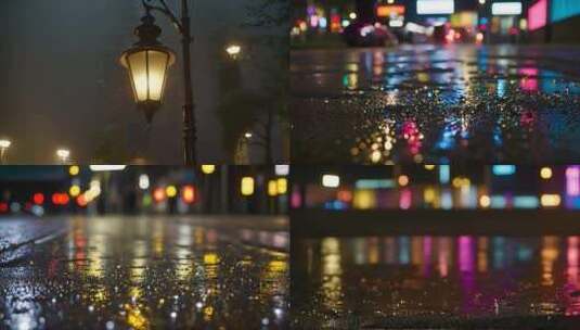 水滴灯光唯美雨中夜景街道夜景唯美高清在线视频素材下载