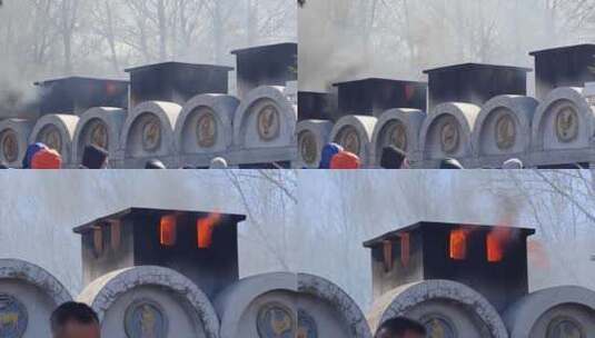 烟雾缭绕祭祀焚烧炉清明烧纸高清在线视频素材下载