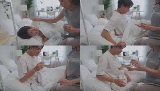 亚洲妻子躺在床上给丈夫喂药和水。高清在线视频素材下载