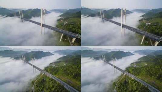 航拍武陵山区云雾中的高速公路路高架桥高清在线视频素材下载