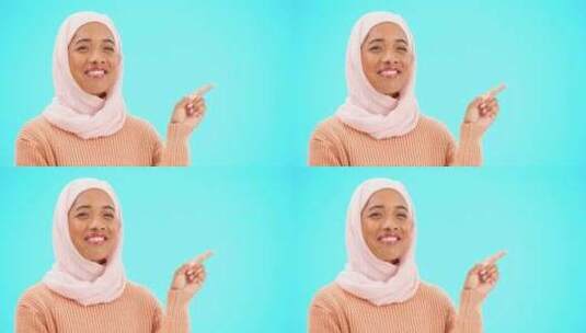 穆斯林妇女，快乐和肖像指着空间进行模型、高清在线视频素材下载