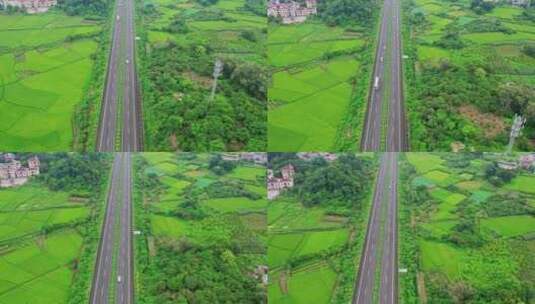高速公路穿过美丽乡村绿色田野高清在线视频素材下载