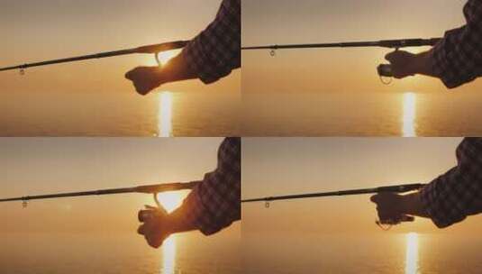 夕阳下钓鱼的男人高清在线视频素材下载