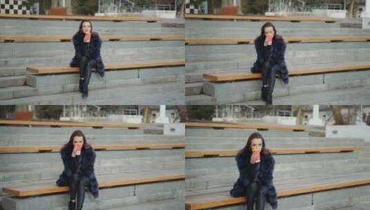 坐在长椅上喝咖啡的女人高清在线视频素材下载