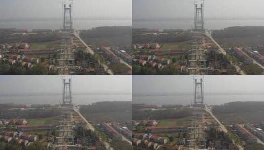 航拍建设中的长江大桥高清在线视频素材下载
