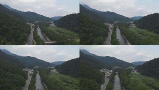 航拍贵州梵净山大门口美丽小镇溪流流水高清在线视频素材下载