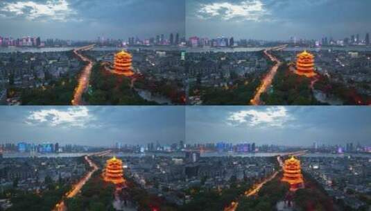 武汉黄鹤楼，夜景中远景环绕镜头高清在线视频素材下载