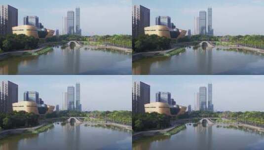 航拍杭州滨江城区湖边低碳科技博物馆高清在线视频素材下载