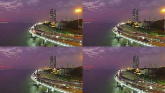 航拍夜晚海滨城市厦门海边公路风景高清在线视频素材下载