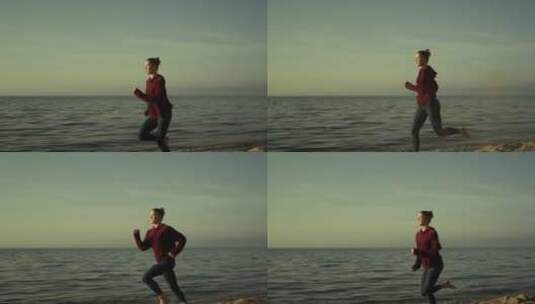 女孩在海边慢跑高清在线视频素材下载