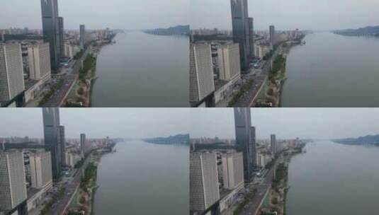 航拍湖北宜昌沿江大道商业高楼高清在线视频素材下载