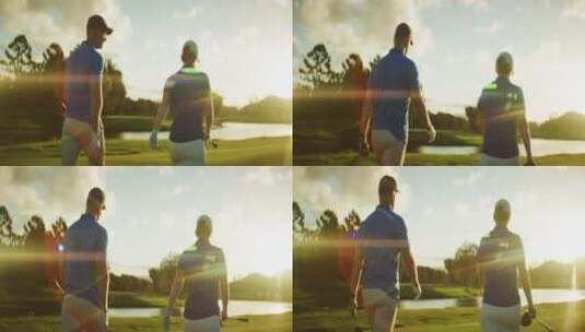 阳光下打高尔夫球的女士高清在线视频素材下载