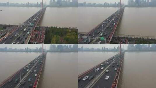 杭州奥体跨江大桥车流人流高清在线视频素材下载