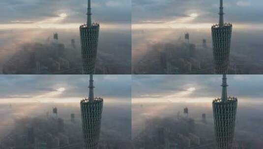 广州塔与广州城市背景云隙光高清在线视频素材下载
