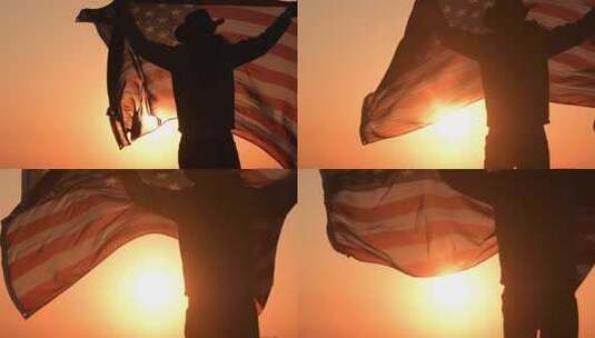 牛仔双手高举美国国旗高清在线视频素材下载