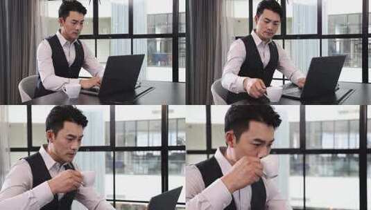 一个商务男士坐在会议室办公喝咖啡高清在线视频素材下载
