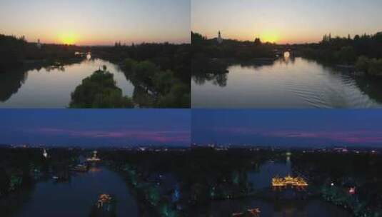 航拍扬州瘦西湖五亭桥落日夕阳夜景高清在线视频素材下载