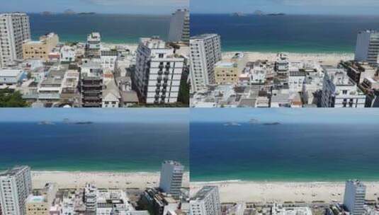 从建筑物后面俯瞰伊帕内玛海滩的平底锅拍摄
巴西里约热内卢，无人机4k
埃高清在线视频素材下载